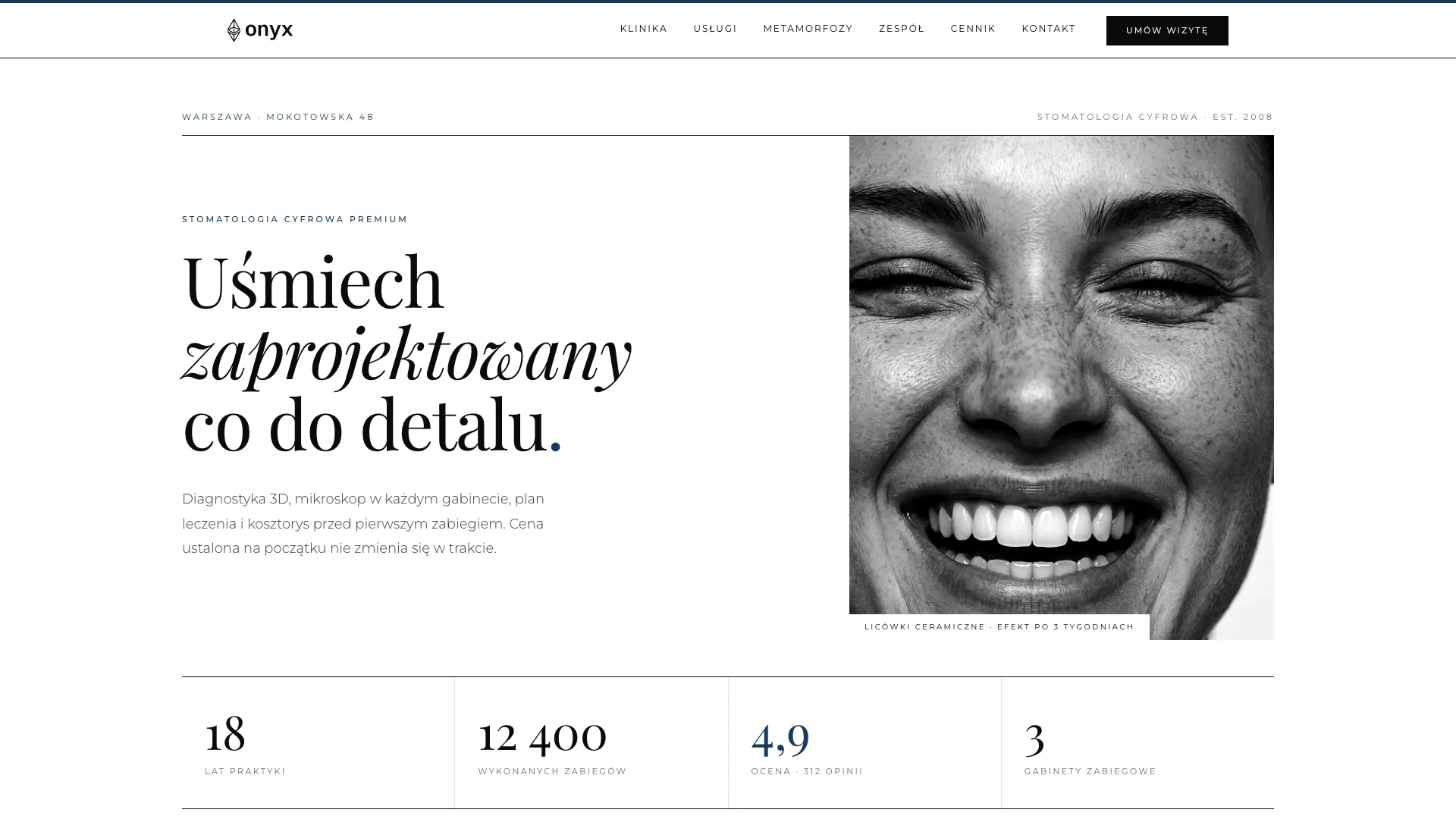 Onyx Stomatologia — strona www zaprojektowana przez białe studio